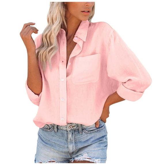 2026 ! JINMGG Fall Long Sleeve Shirts for Women Fashion Women Casual Pockets Solid Turn-Down Neck Cardigan Long Sleeve Loose T-Shirt Autumn Blouse Button Tops Pink M
