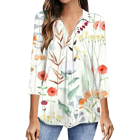 2026 ! JINMGG Fall Long Sleeve Shirts for Women, Womens Summer Fall Tops 2026 Fashion Woman V Neck Three Quarter 3/4Sleeve T Shirt Autumn Printing Blouse Tops Sweatshirt