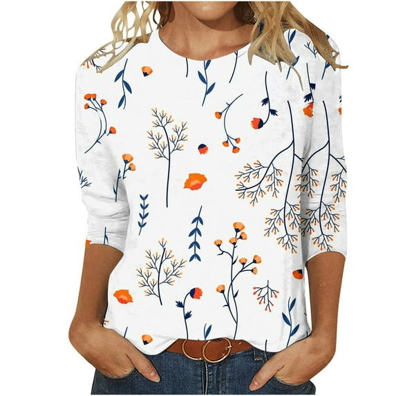 2026 ! JINMGG Fall Long Sleeve Shirts for Women, Womens Summer Fall Tops 2026 Women's Fashion Printed Loose T-Shirt Mid-length 3/4 Sleeves Blouse Round Neck Casual Tops