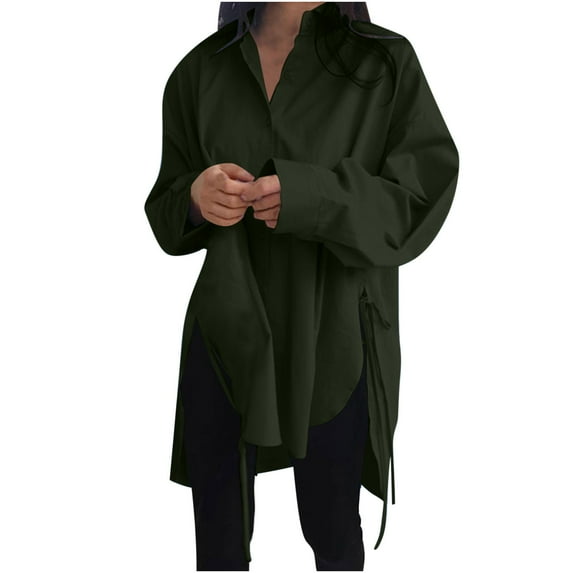 2026 ! JINMGG Fall Long Sleeve Shirts for Women, Womens Summer Fall Tops 2026 Women's Loose Short Front Long Back Lace-up Slim Shirt Long Sleeve V-neck Top/Shirt