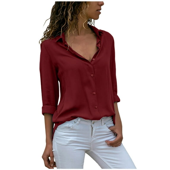 2026 ! JINMGG Fall Long Sleeve Shirts for Women, Womens Summer Fall Tops 2026 Womens Ladies Chiffon Long Sleeve V-Neck Lapel Solid Color Blouses Summer Casual Tops