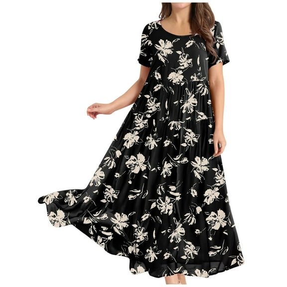2026 ! JINMGG Summer Dresses 2026, Dresses for Women 2026 Women Casual Loose Bohemian Floral Dresses with Pockets Short Sleeve Summer Beach Swinging Dress Black XXL