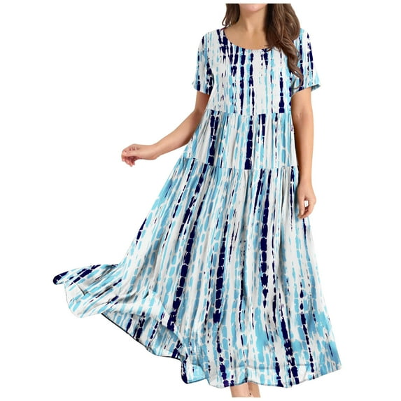 2026 ! JINMGG Summer Dresses 2026, Dresses for Women 2026 Women Casual Loose Bohemian Floral Dresses with Pockets Short Sleeve Summer Beach Swinging Dress Blue XXXL