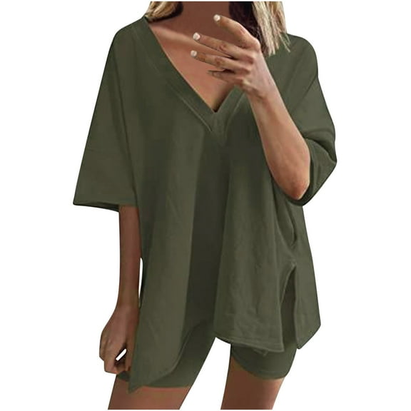 2026 ! JINMGG Two Piece Outfits Women, 2026 Fashion Fall Fashion Women Casual Solid Short Sleeve V-Neck Loose Tops Nightwear Shorts Sleepwear Sets Army Green L
