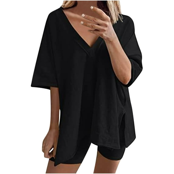 2026 ! JINMGG Two Piece Outfits Women, 2026 Fashion Fall Fashion Women Casual Solid Short Sleeve V-Neck Loose Tops Nightwear Shorts Sleepwear Sets Black L
