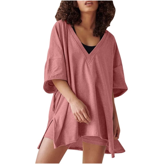 2026 ! JINMGG Two Piece Outfits Women, 2026 Fashion Fall Fashion Women Casual Solid Short Sleeve V-Neck Loose Tops Nightwear Shorts Sleepwear Sets Pink L