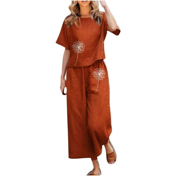 2024 Clearance! JINMGG Two Piece Outfits Women, 2024 Fashion Fall Clearance Ladies Summer Fashion Casual Loose Round Neck Short Sleeve Printing Wide Leg Linen Suit Orange XXXXXL