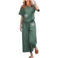 thumbnail image 1 of 2026 ! JINMGG Two Piece Outfits Women, 2026 Fashion Fall Ladies Summer Fashion Casual Loose Round Neck Short Sleeve Printing Wide Leg Linen Suit Army Green XXXXL, 1 of 5