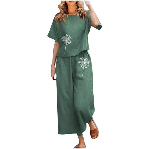2026 ! JINMGG Two Piece Outfits Women, 2026 Fashion Fall Ladies Summer Fashion Casual Loose Round Neck Short Sleeve Printing Wide Leg Linen Suit Army Green M