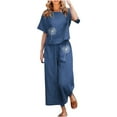 thumbnail image 1 of 2024 Clearance! JINMGG Two Piece Outfits Women, 2024 Fashion Fall Clearance Ladies Summer Fashion Casual Loose Round Neck Short Sleeve Printing Wide Leg Linen Suit Navy L, 1 of 5