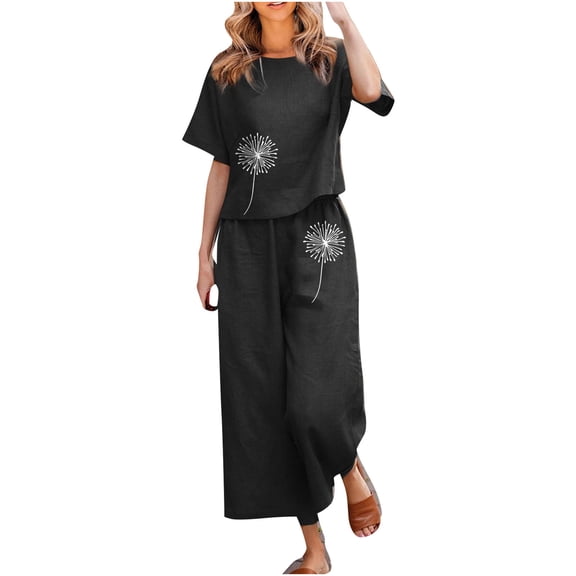 2026 ! JINMGG Two Piece Outfits Women, 2026 Fashion Fall Ladies Summer Fashion Casual Loose Round Neck Short Sleeve Printing Wide Leg Linen Suit Black XXXL