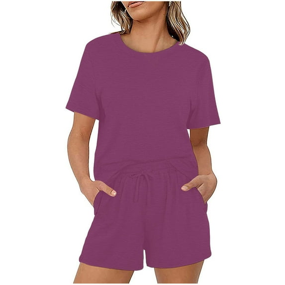 2024 Clearance! JINMGG Two Piece Outfits Women, 2024 Fashion Fall Clearance Two-Piece Women's Summer Printed and Solid One Shoulder Top and with Pocket Shorts Set Suit Purple XXL