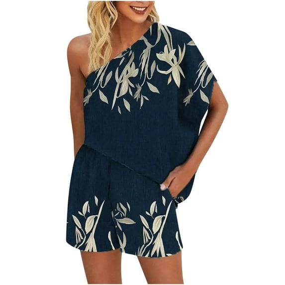 2026 ! JINMGG Two Piece Outfits Women, 2026 Fashion Fall Two-Piece Women's Summer Printed and Solid One Shoulder Top and with Pocket Shorts Set Suit Navy S