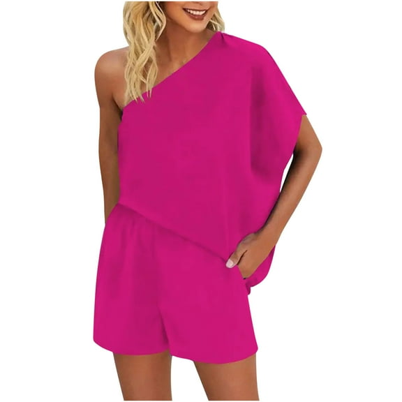 2026 ! JINMGG Two Piece Outfits Women, 2026 Fashion Fall Two-Piece Women's Summer Printed and Solid One Shoulder Top and with Pocket Shorts Set Suit Hot Pink L