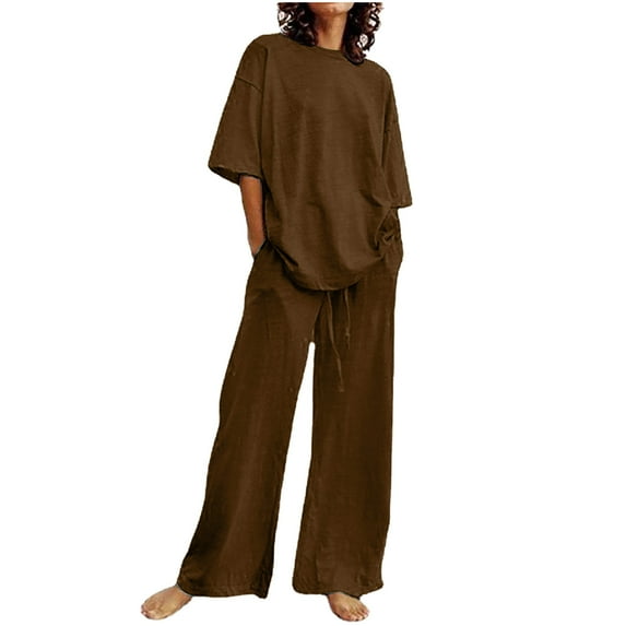 2026 ! JINMGG Two Piece Outfits Women, 2026 Fashion Fall Women's Summer Suit Fashion Short Sleeve Solid Color Trousers Casual Two-Piece Suit Coffee XXL