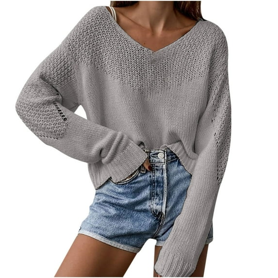 2026 ! JINMGG V Neck Sweaters for Women Fall Winter,Women's Hedging V-Neck Loose Solid Color Temperament Long Sleeve Strapless Sexy Knitting Tops Sweater