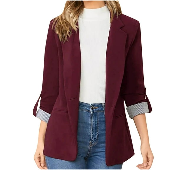 2024 Clearance! JINMGG Winter Coats for Women, 2024 Fashion Winter Clearance Women Business Attire Solid Color Stitching Stripe Long Sleeve Pocket Cardigan Coat Top Wine XL