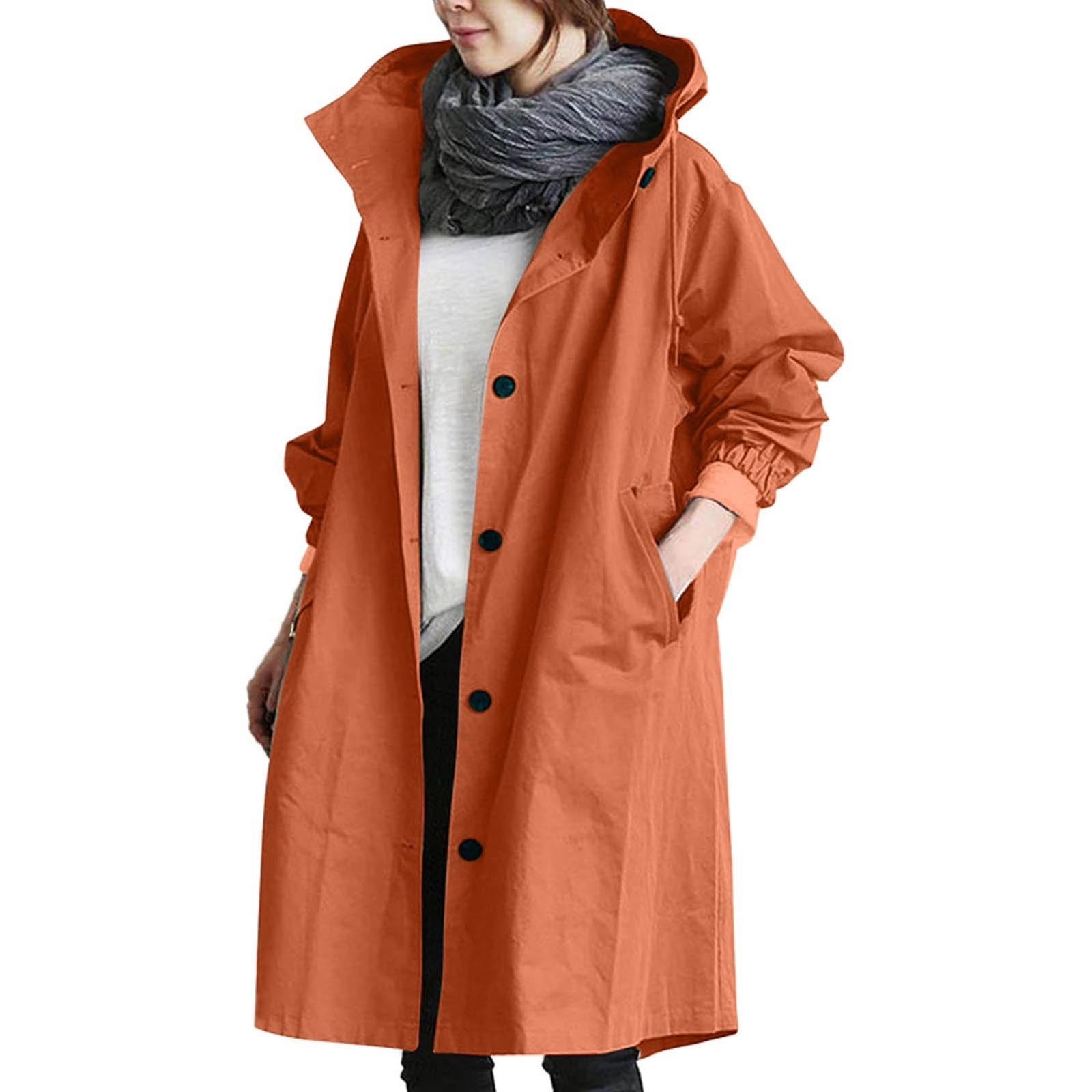 Getadme Fashion Women’s Solid Colors Long Sleeve Windbreaker Jacket Outdoor Jackets Hooded Raincoat Windproof Coat Outwear
