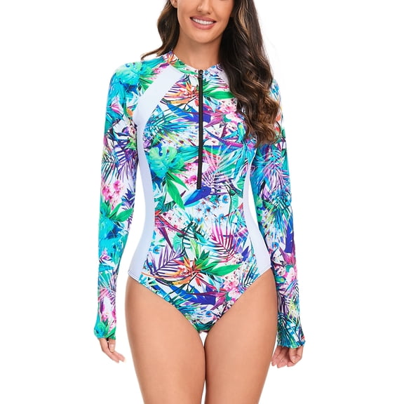 2024 Clearance One Piece Rash Guard Women Summer Beach Surfing Swimsuit Fashion Hawaii Tropical Leaf Printed Bathing Suit