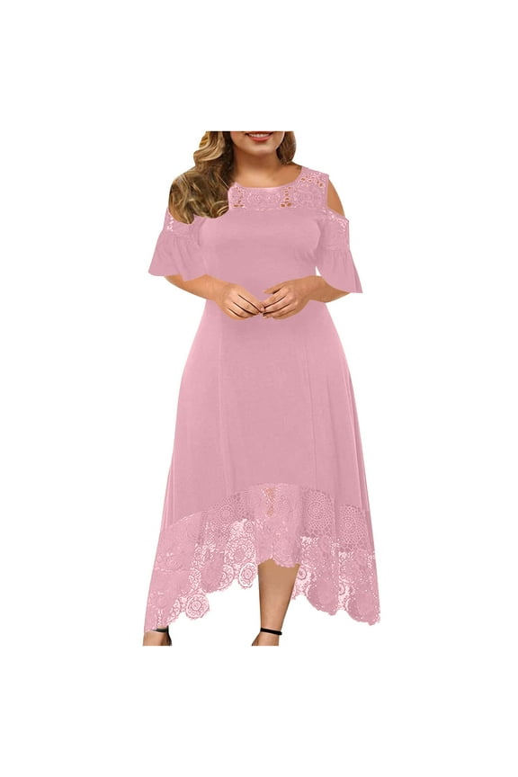 Womens Plus Size Summer Midi Dress Casual Short Sleeve Crew Neck Flowy Ruffle Frill Hem Dress Lace Cold Shoulder Sundress