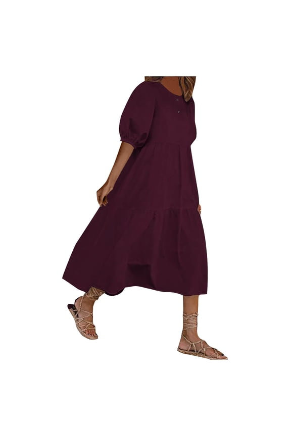 Women's Oversized Ruffle Tiered Maxi Long Dress Summer Casual Puff Sleeve Crewneck Loose Flowy Dress Beach Vacation Sundresses