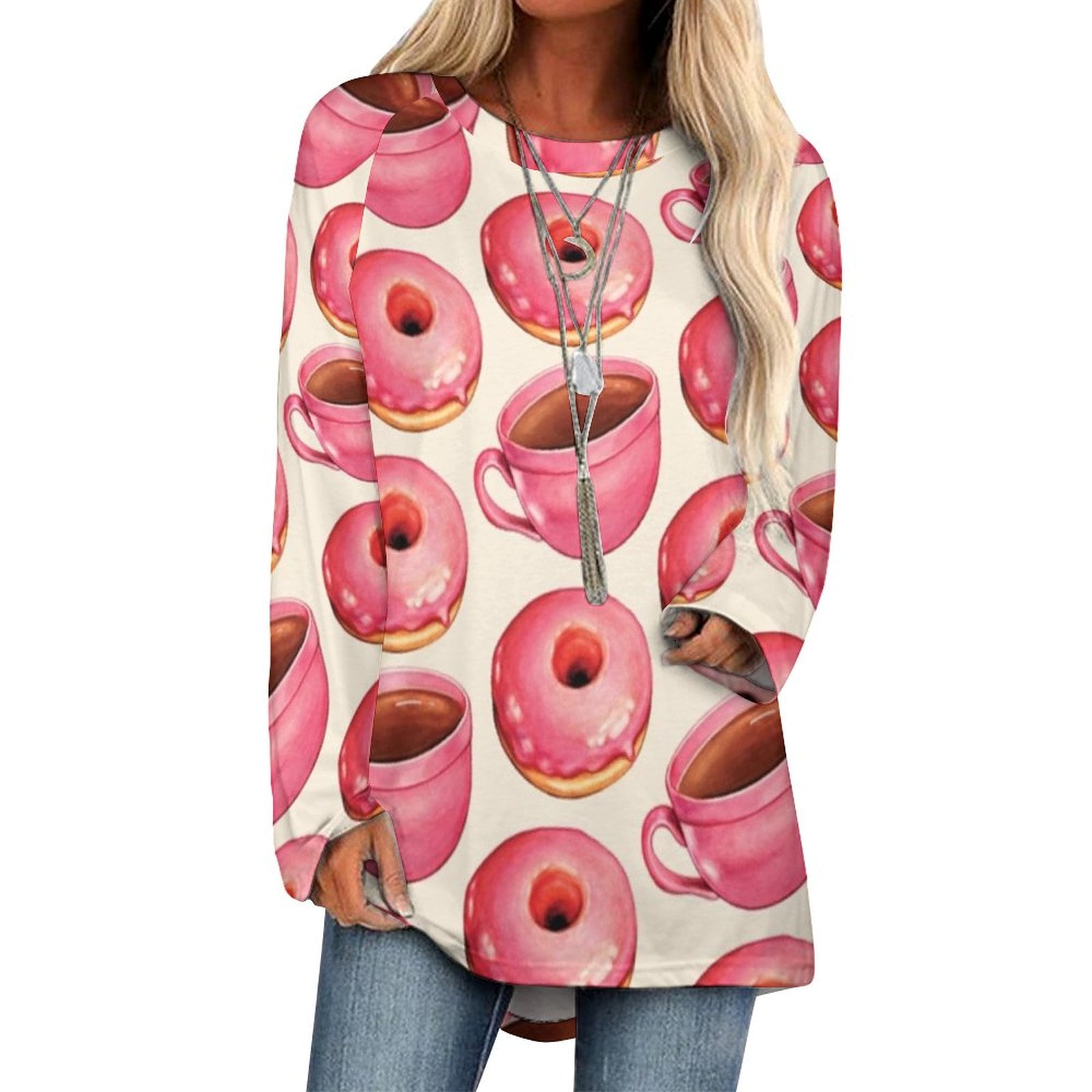 2024 Coffee And Strawberry Donuts Pattern White Ruffle Short Sleeve T