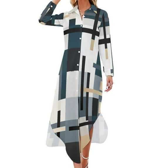 2024 Color Block Art Chiffon Dress Mondrian Minimalist De Stijl Elegant Dresses Women Long Sleeve V Neck Design Oversize Casual Dress