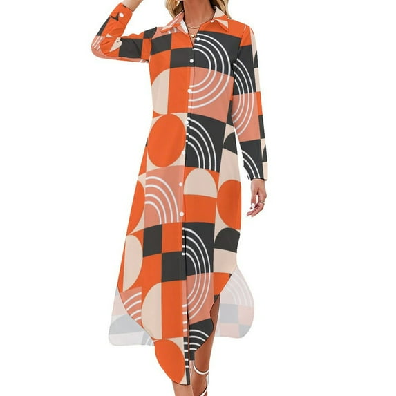 2024 Color Block Art Chiffon Dress Mondrian Minimalist De Stijl Elegant Dresses Women Long Sleeve V Neck Design Oversize Casual Dress