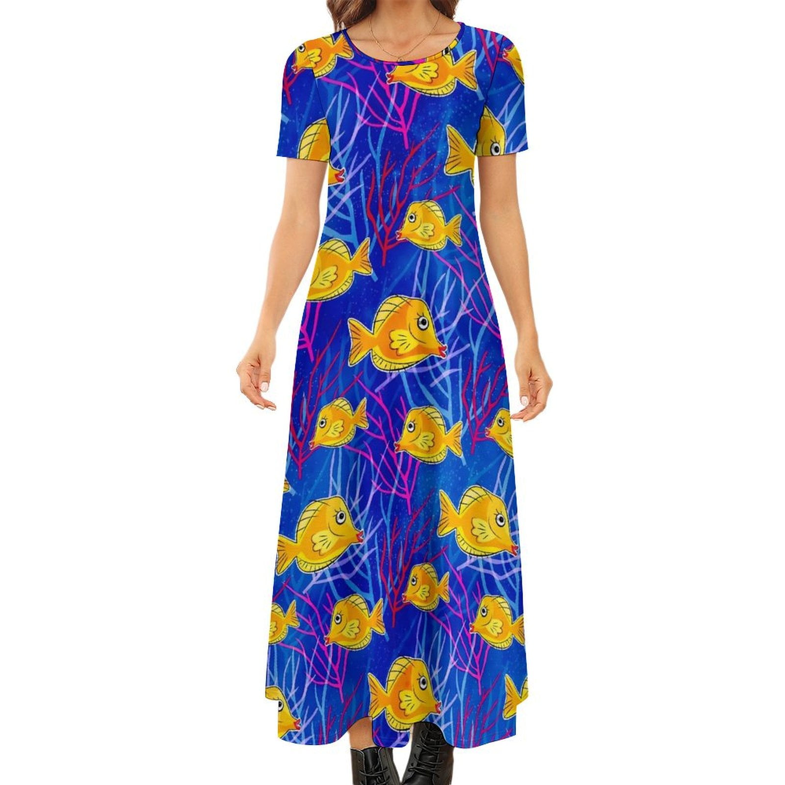 2024 Color Sea Fish Dress Coral Reef Fishes Retro Maxi Dress Short ...
