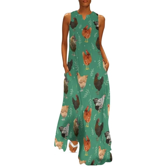 2024 Colorful Chicken Dress Spring Farm Animal Print Streetwear Casual Long Dresses Female Vintage Maxi Dress Gift Idea