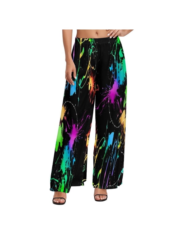2024 Colorful Neon Paint Pants Female Pretty Splatter Print Streetwear Trousers High Waisted Modern Wide Pants Birthday Gift