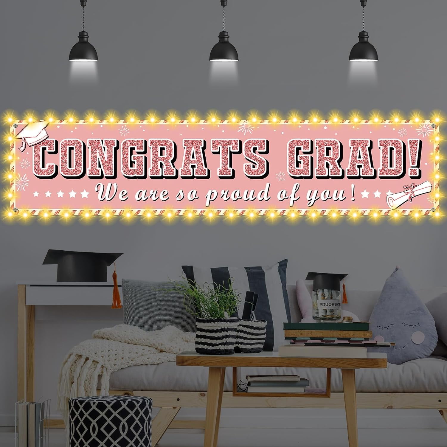 2024 Congrats Grad Banner Graduation Banner with Light Strings ...