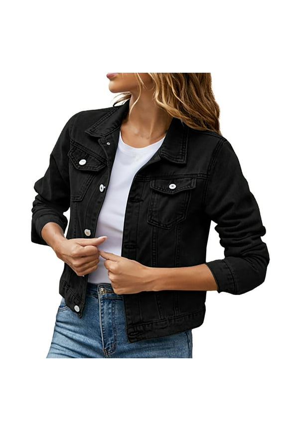 2024 Cropped Jean Jackets for Women Fashion Short Denim Coat Women's Basic Button Down Long Sleeve Stretchy Jean Trucker Denim Jacket Black L
