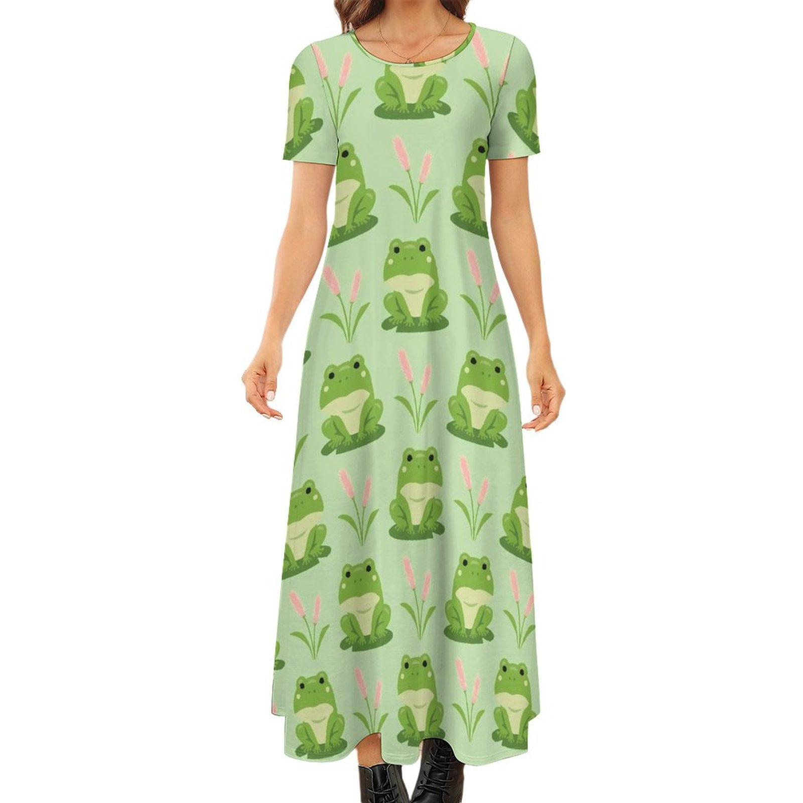 2024 Cute Frog Dress Pink Floral Print Street Fashion Bohemia Long ...
