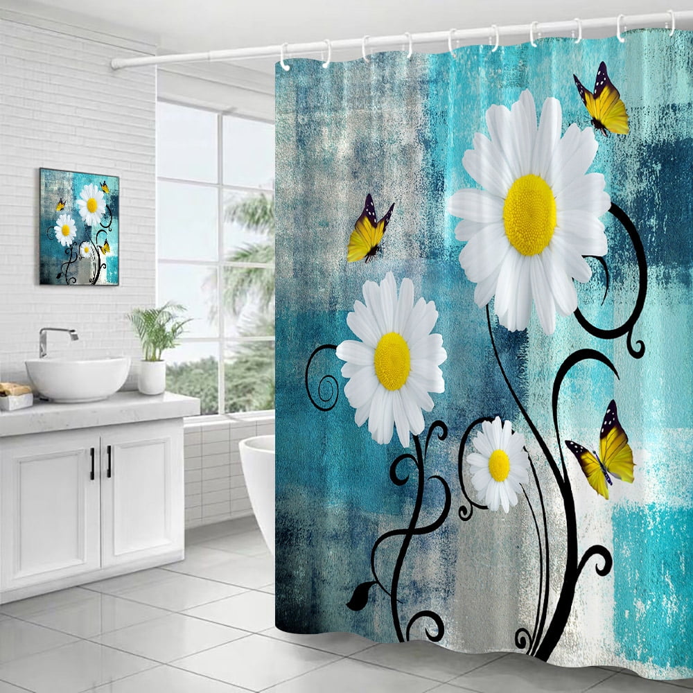 2024 DREAMFIRE Butterfly Floral Shower Curtains White Daisy Flower Blue
