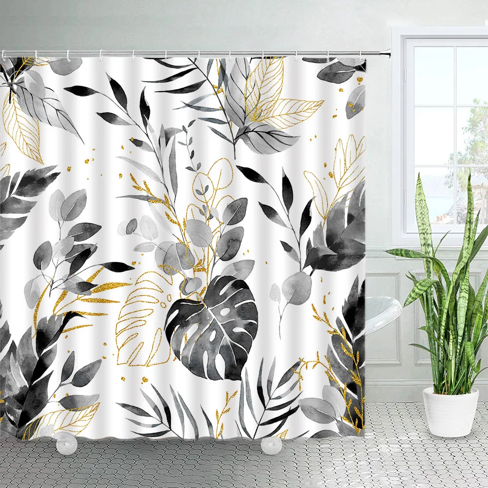 2024 DREAMFIRE Gold Black Leaves Shower Curtains Tropical Plants