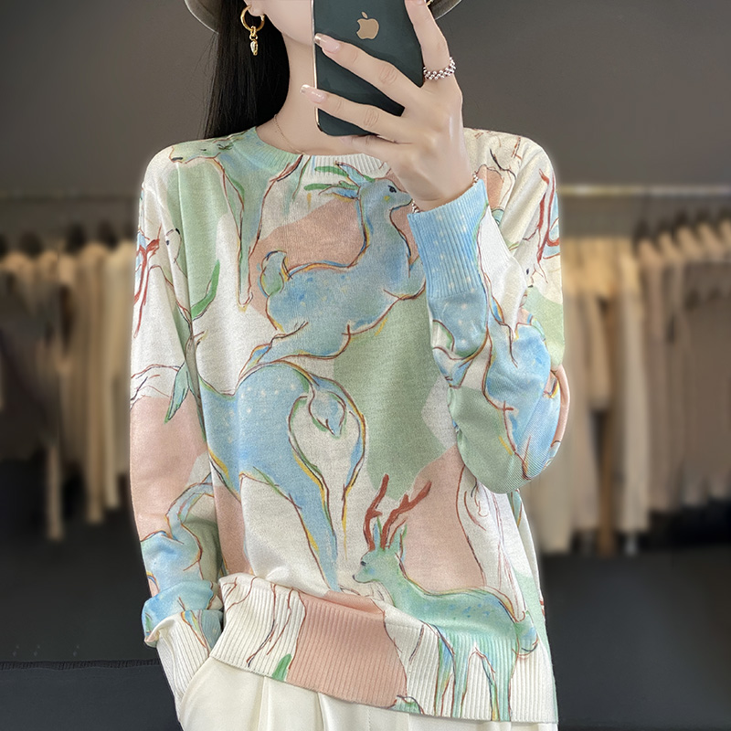 2024 DREAMFIRE Spring new mulberry silk inkpainted crewneck sweater