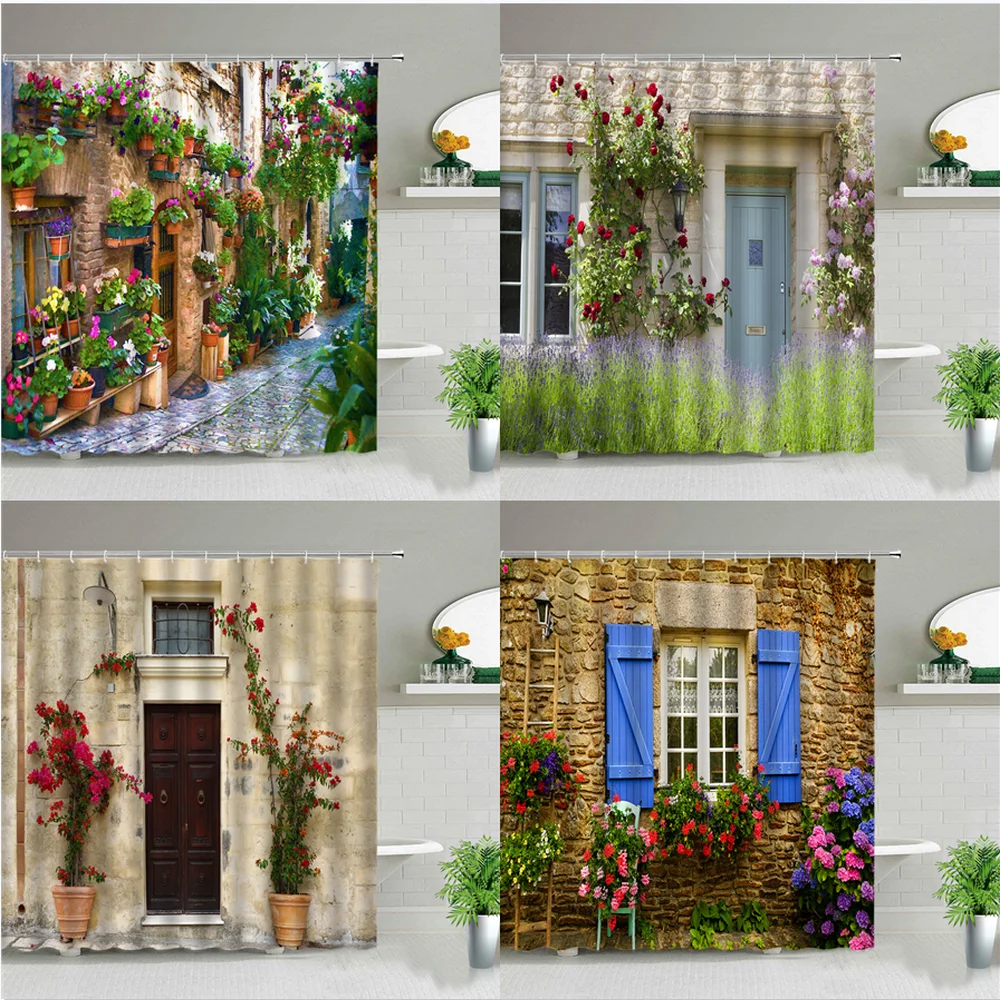 2024 DREAMFIRE Street Building Scenery Shower Curtains Flowers Plant
