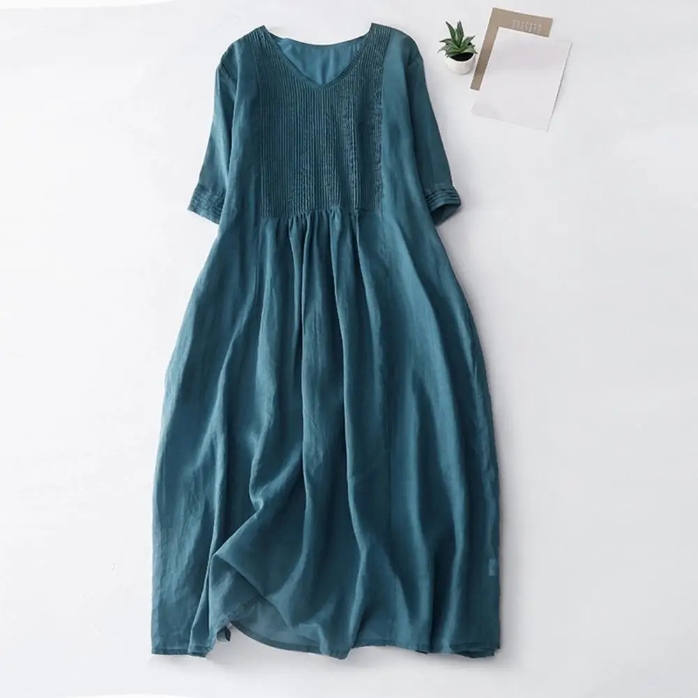 2024 DREAMFIRE Women V-neck Long Dress Mid-length Dress Double-layered ...