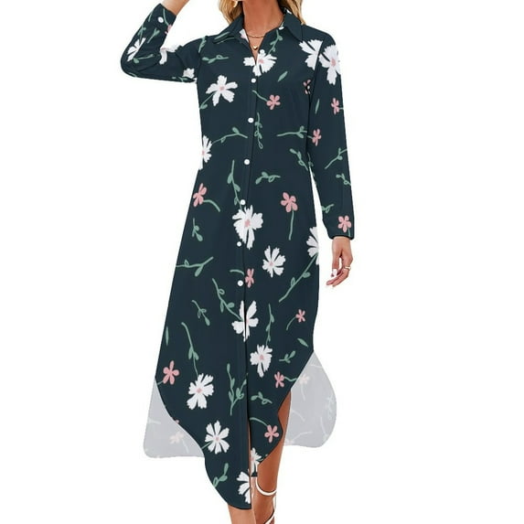 2024 Daisies Flowers Casual Dress White Floral Print Street Fashion Dresses Long Sleeve Modern Woman V Neck Oversize Chiffon Dress