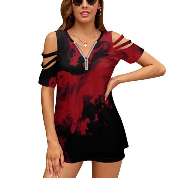 2024 Dark Red Dragon Ruffle Short Sleeve T-Shirt Women's V Neck Sexy Printed T Shirt Tops Red Dark Black Dragon Fantasy Magic