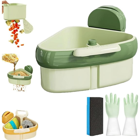 Suction Cup Sink Corner Rack, Sink Caddy Sponge Holder for Kitchen Sink Dish Cloth Hanger Sink Trash Catcher, Plastic Triangular Baskets Corner Hanging, Rust Resistant, for Kitchen Food Waste,