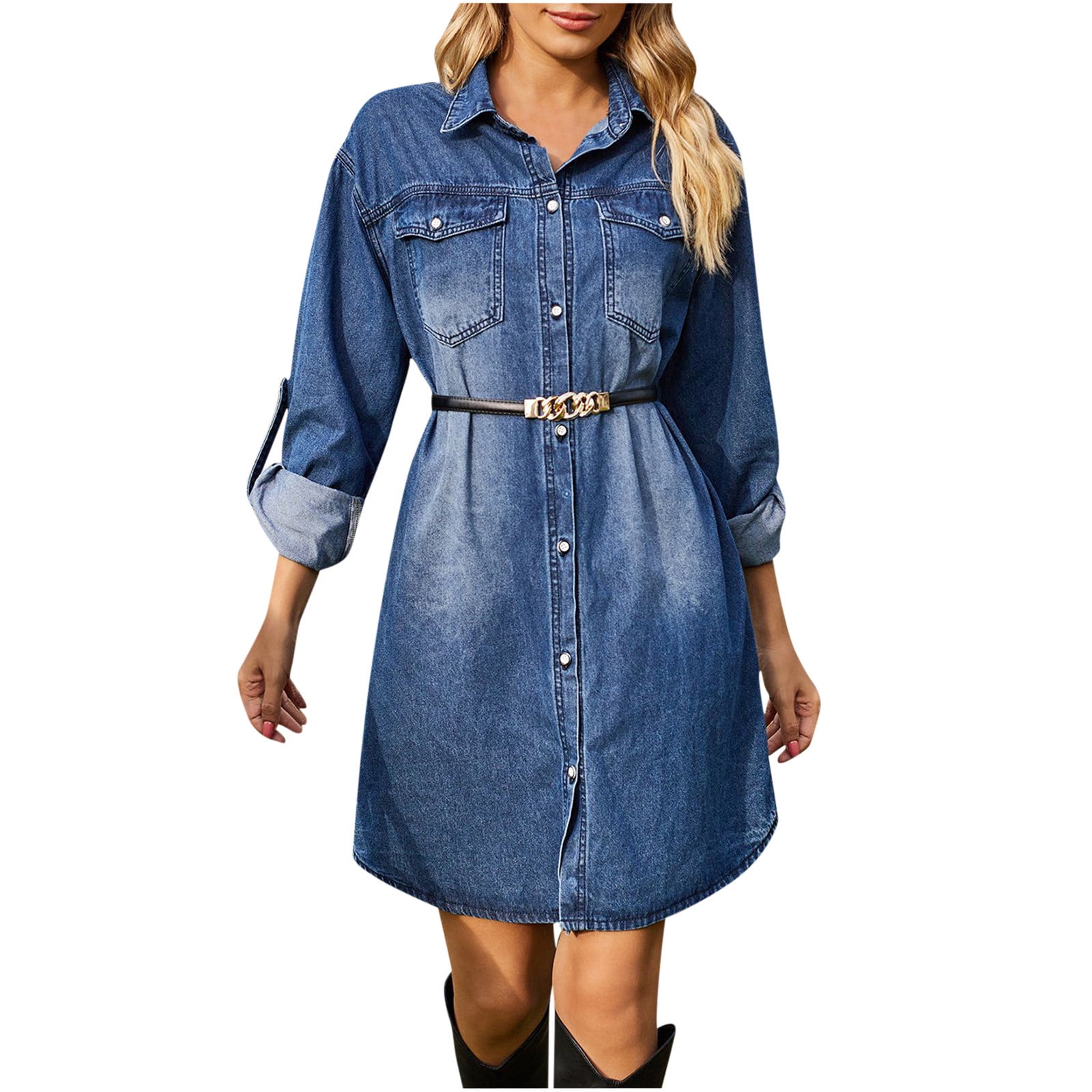 2024 Denim Long Sleeve Dress for Women Button Up Collar Shirt Jean Dress with Pockets Loose Comfy Stretch Denim Tops Medium Dark Blue Walmart
