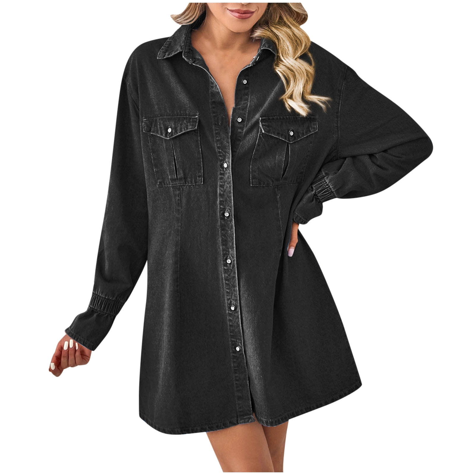 2025 Denim Long Sleeve Dress for Women Button Up Collar Shirt Jean Dress with Pockets Loose Comfy Stretch Denim Tops (X-Large, Dark Blue 01)