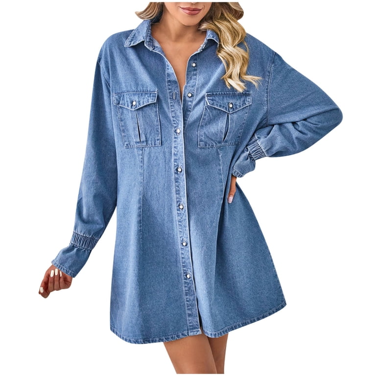 white christmas dresses Stretch Button Down Washed Denim Dress
