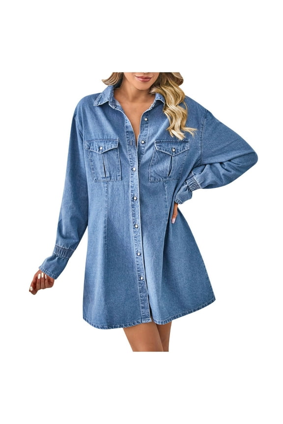 2025 Denim Long Sleeve Dress for Women Button Up Collar Shirt Jean Dress with Pockets Loose Comfy Stretch Denim Tops (X-Large, Blue 01)