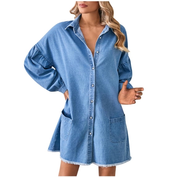 2025 Denim Long Sleeve Dress for Women Button Up Collar Shirt Jean Dress with Pockets Loose Comfy Stretch Denim Tops (X-Large, Light Blue 01)