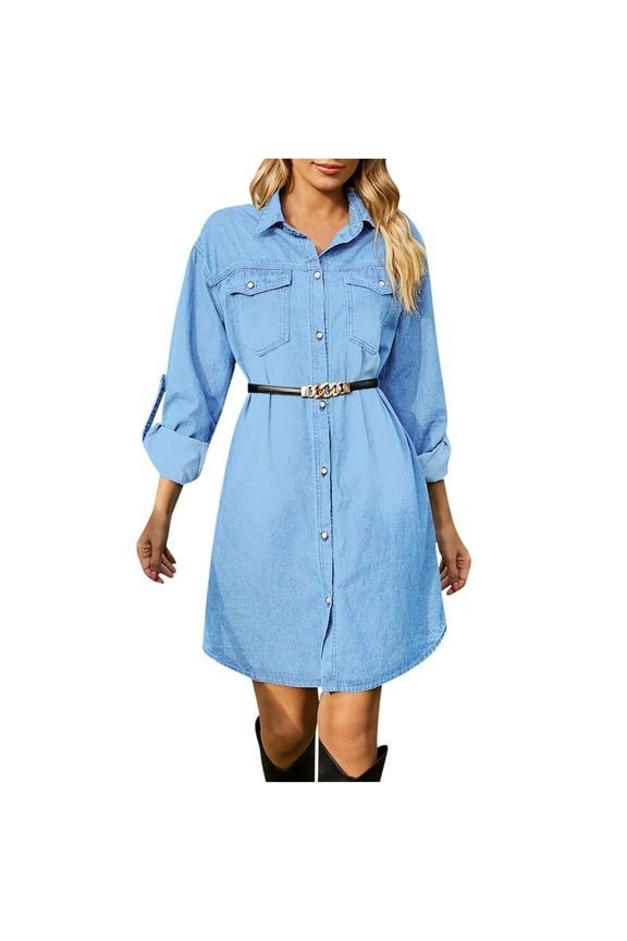 2025 Denim Long Sleeve Dress for Women Button Up Collar Shirt Jean Dress with Pockets Loose Comfy Stretch Denim Tops (X-Large, Light Blue)