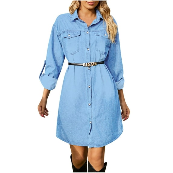 2025 Denim Long Sleeve Dress for Women Button Up Collar Shirt Jean Dress with Pockets Loose Comfy Stretch Denim Tops (X-Large, Light Blue)