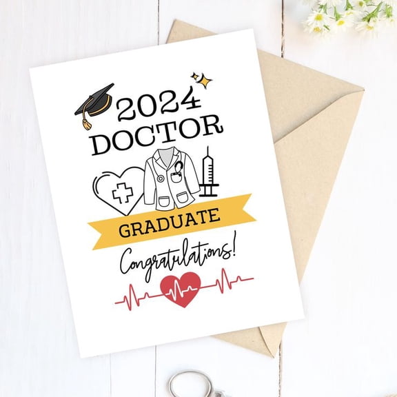2024 Doctor Graduate Congratulations Card Unique Design Featuring Medical Symbols Blank Inside, Envelope Included Perfect Gift for New Doctors